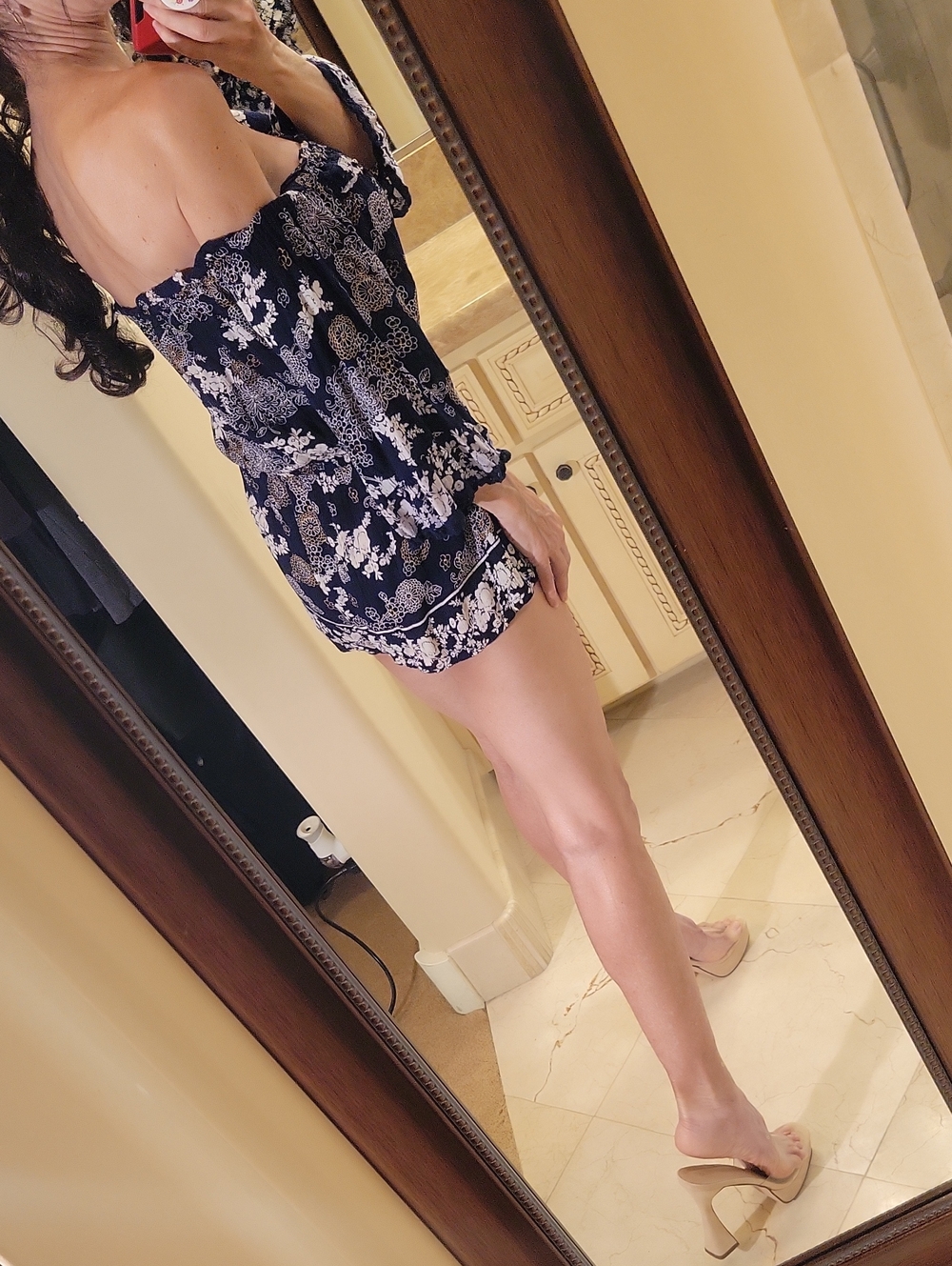 Angie Navy Romper with White and Gold Floral Print, S - Picture 4 of 16